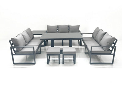Fimous 11 Seater Garden Sofa Set Aluminium Furniture Rising Dining Tabe Set With Side Table 2 Small Footstools Dark Grey - image 1