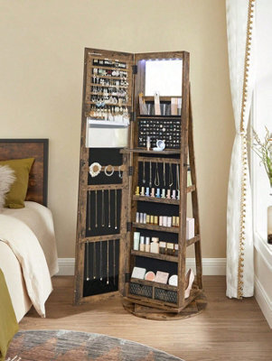 LEDREM 6 Leds Mirror Jewellery Cabinet, 360 Swivel Jewellery Storage Organiser, Lockable, Free-Standing Mirror With Storage