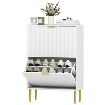 White-2 Drawers Narrow Shoe Cabinet With Drawers And Adjustable Shelves - image 1
