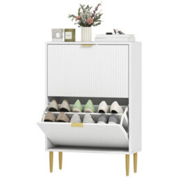 White-2 Drawers Narrow Shoe Cabinet With Drawers And Adjustable Shelves - thumbnail 1