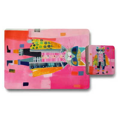 Benjamin Tate Design Pink Abstract Cat Wood Bottom Placemat Coaster Set Limited - image 1