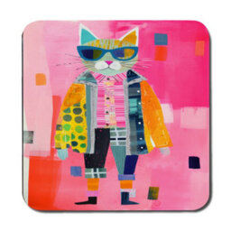 Benjamin Tate Design Pink Abstract Cat Wood Bottom Placemat Coaster Set Limited - thumbnail 3