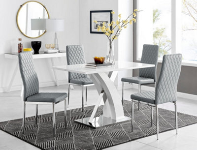 Furniturebox Atlanta White High Gloss And Chrome 4 Seater Dining Table With Statement X Shaped Legs And 4 Grey Faux Leather Milan Chairs - image 1