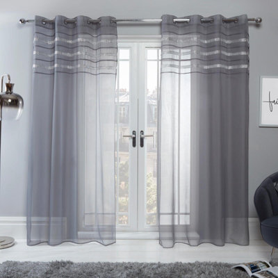 "Ohs Latina Pair Of 2 X Diamante Glitzy Voile Net Curtains Eyelet Ring Top Window Panels, Charcoal Grey - 55"" Wide X 87"" Drop" - image 1