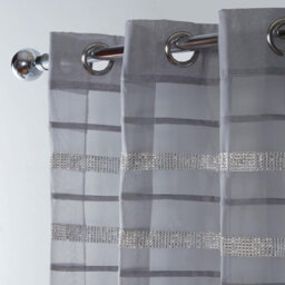 "Ohs Latina Pair Of 2 X Diamante Glitzy Voile Net Curtains Eyelet Ring Top Window Panels, Charcoal Grey - 55"" Wide X 87"" Drop" - thumbnail 2
