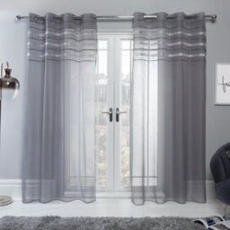 "Ohs Latina Pair Of 2 X Diamante Glitzy Voile Net Curtains Eyelet Ring Top Window Panels, Charcoal Grey - 55"" Wide X 87"" Drop" - thumbnail 1