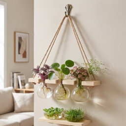 Living And Home Wall Hanging Wooden Frame 3 Glass Bulb Vases Plant Propagation Station Hydroponic Planter Decor - thumbnail 1