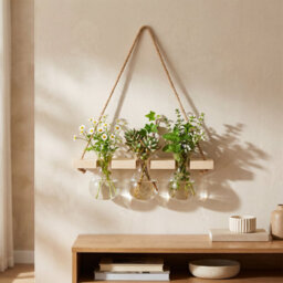 Living And Home Wall Hanging Wooden Frame 3 Glass Bulb Vases Plant Propagation Station Hydroponic Planter Decor - thumbnail 2