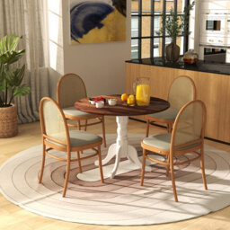 Costway Wooden Dining Table With Round Tabletop & Curved Trestle Legs-Brown - thumbnail 7