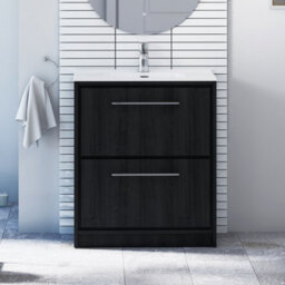 Royal Bathrooms Livora 700mm Black Woodgrain Floor Standing Bathroom Vanity Unit 2 Drawer Storage Cabinet With Ceramic Basin