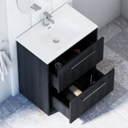 Royal Bathrooms Livora 700mm Black Woodgrain Floor Standing Bathroom Vanity Unit 2 Drawer Storage Cabinet With Ceramic Basin - thumbnail 4