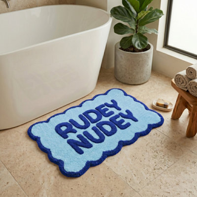 Allure Bath Fashions Rudey Nudey Slogan Scalloped Bath Mat Non Slip Bathroom Rug (Blue) - image 1