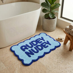 Allure Bath Fashions Rudey Nudey Slogan Scalloped Bath Mat Non Slip Bathroom Rug (Blue) - thumbnail 1