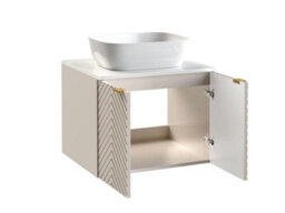 Impact Furniture Bathroom Furniture Set Wall Hung Vanity Unit With Basin 600mm Countertop Worktop And Tall Cabinet Beige Fluted Cara - thumbnail 3