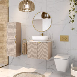 Impact Furniture Bathroom Furniture Set Wall Hung Vanity Unit With Basin 600mm Countertop Worktop Tall Cabinet Beige Fluted Cara