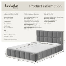 Tectake Upholstered Bed Set With Mattress, 2 Firmness Levels, 250 Kg 180 X 200 Cm -  30 Cm -  Dark Grey Velvet Look - thumbnail 6