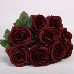 10-Head Wine Red Artificial Silk Rose Bouquet - Realistic Faux Flowers For Home, Wedding & Events