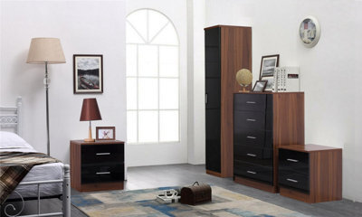 Reflect 1 Door Plain Wardrobe, 5 Drawer Chest, 2X 2 Drawer Bedsides - Black Gloss & Walnut - Modern Bedroom Furniture Set - image 1