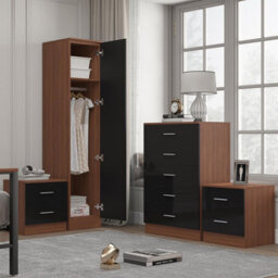 Reflect 1 Door Plain Wardrobe, 5 Drawer Chest, 2X 2 Drawer Bedsides - Black Gloss & Walnut - Modern Bedroom Furniture Set - thumbnail 2