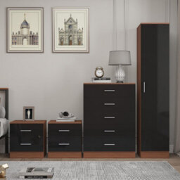Reflect 1 Door Plain Wardrobe, 5 Drawer Chest, 2X 2 Drawer Bedsides - Black Gloss & Walnut - Modern Bedroom Furniture Set - thumbnail 3