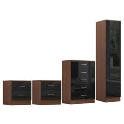 Reflect 1 Door Plain Wardrobe, 5 Drawer Chest, 2X 2 Drawer Bedsides - Black Gloss & Walnut - Modern Bedroom Furniture Set - thumbnail 6