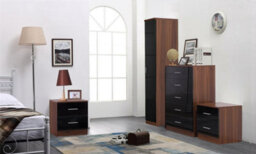 Reflect 1 Door Plain Wardrobe, 5 Drawer Chest, 2X 2 Drawer Bedsides - Black Gloss & Walnut - Modern Bedroom Furniture Set