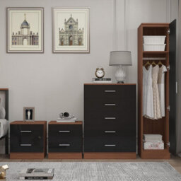 Reflect 1 Door Plain Wardrobe, 5 Drawer Chest, 2X 2 Drawer Bedsides - Black Gloss & Walnut - Modern Bedroom Furniture Set - thumbnail 4