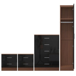 Reflect 1 Door Plain Wardrobe, 5 Drawer Chest, 2X 2 Drawer Bedsides - Black Gloss & Walnut - Modern Bedroom Furniture Set - thumbnail 5