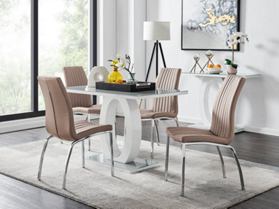 Furniturebox Giovani Rectangular 4 Seat White High Gloss Unique Halo Structural Dining Table Grey Glass Top 4 Beige Faux Leather Isco Chairs - image 1