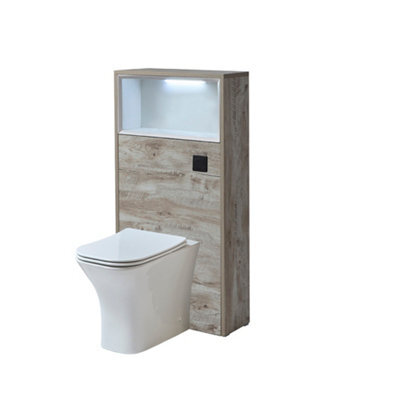Homestylestore 600mm Light Oak Wc Unit Led Lit Shelf Back To Wall Toilet And Black Flush Button - image 1