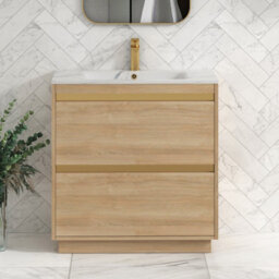 Royal Bathrooms Orion 800mm Natural Oak 2 Drawer Floor Standing Vanity Unit With Carrara White Basin & Brushed Brass Accent Trim - thumbnail 1