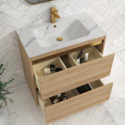 Royal Bathrooms Orion 800mm Natural Oak 2 Drawer Floor Standing Vanity Unit With Carrara White Basin & Brushed Brass Accent Trim - thumbnail 4