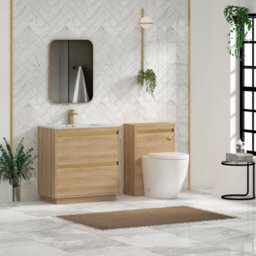Royal Bathrooms Orion 800mm Natural Oak 2 Drawer Floor Standing Vanity Unit With Carrara White Basin & Brushed Brass Accent Trim - thumbnail 3