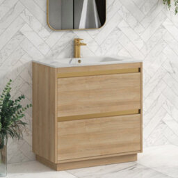 Royal Bathrooms Orion 800mm Natural Oak 2 Drawer Floor Standing Vanity Unit With Carrara White Basin & Brushed Brass Accent Trim - thumbnail 6