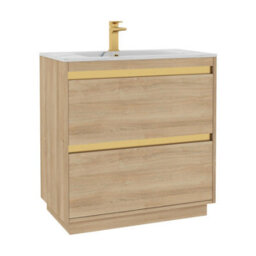 Royal Bathrooms Orion 800mm Natural Oak 2 Drawer Floor Standing Vanity Unit With Carrara White Basin & Brushed Brass Accent Trim - thumbnail 7