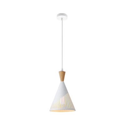 Simple Lighting White Cone Pendant Light With Wood Accent, 300mm Height, E27 Base - image 1