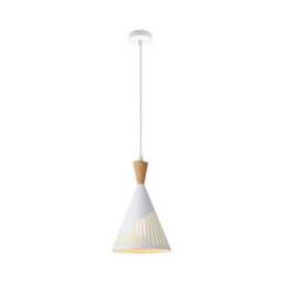 Simple Lighting White Cone Pendant Light With Wood Accent, 300mm Height, E27 Base - thumbnail 1
