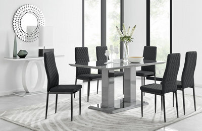 Furniturebox Imperia Grey High Gloss 6 Seater Dining Table With Structural 2 Plinth Column Legs 6 Black Faux Leather Black Leg Milan Chairs - image 1