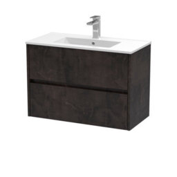 Nuie Havana Wall Hung 2 Drawer Vanity Basin Unit & Minimalist Ceramic Basin, Modern Sink Vanity Unit In Metallic Slate With White