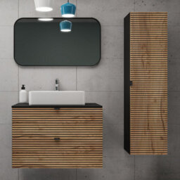 Heze Furniture Loft Modern Style Ribbed Door Bathroom Cabines Vanity Units Set With Worktop 80Cm & 35Cm - Gold Craft Oak