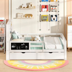 Costway Double Size Bed Frame W/ 2 Storage Drawers Wooden Slats Support Bed For Kids White - thumbnail 5