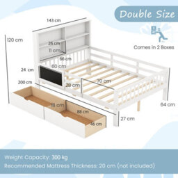 Costway Double Size Bed Frame W/ 2 Storage Drawers Wooden Slats Support Bed For Kids White - thumbnail 3
