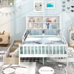 Costway Double Size Bed Frame W/ 2 Storage Drawers Wooden Slats Support Bed For Kids White - thumbnail 4