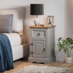 Bedside Pot Cupboard Cabinet Grey Painted 1 Door Drawer Solid Wooden Pine