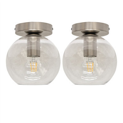 First Choice Lighting Set Of 2 Barnum - Glass Globe Satin Nickel Ceiling Light Fittings