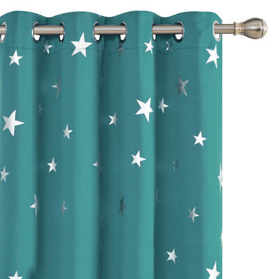 Deconovo Super Soft Thermal Insulated Silver Star Printed Eyelet Blackout Curtains For Bedroom W46 X L90 Inch Turquoise 2 Panels - image 1