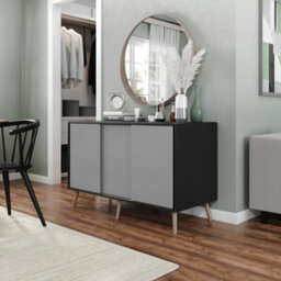 Urbn-Living Urbnliving 3-Door Sliding Cabinet Sideboard Black Carcass With Grey Doors Storage Organiser Home Cupboard Beech Wooden Legs - thumbnail 2