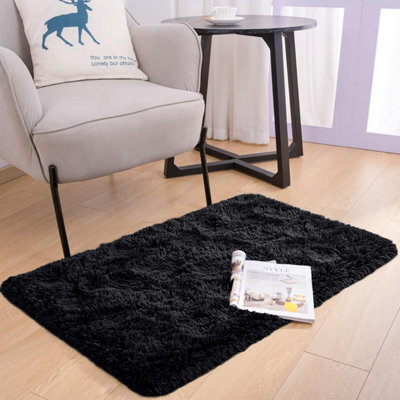 Bedlooms Black Non-Slip Shaggy Rug 50X80Cm, Modern Area Rug Living Room Bedroom Hall Rugs