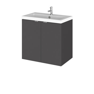Hudson Reed Fusion Wall Hung 2 Door Vanity Unit & Polymarble Basin Compact, Stylish Sink Vanity Unit, Gloss Grey, 600mm - image 1