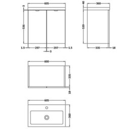 Hudson Reed Fusion Wall Hung 2 Door Vanity Unit & Polymarble Basin Compact, Stylish Sink Vanity Unit, Gloss Grey, 600mm - thumbnail 3